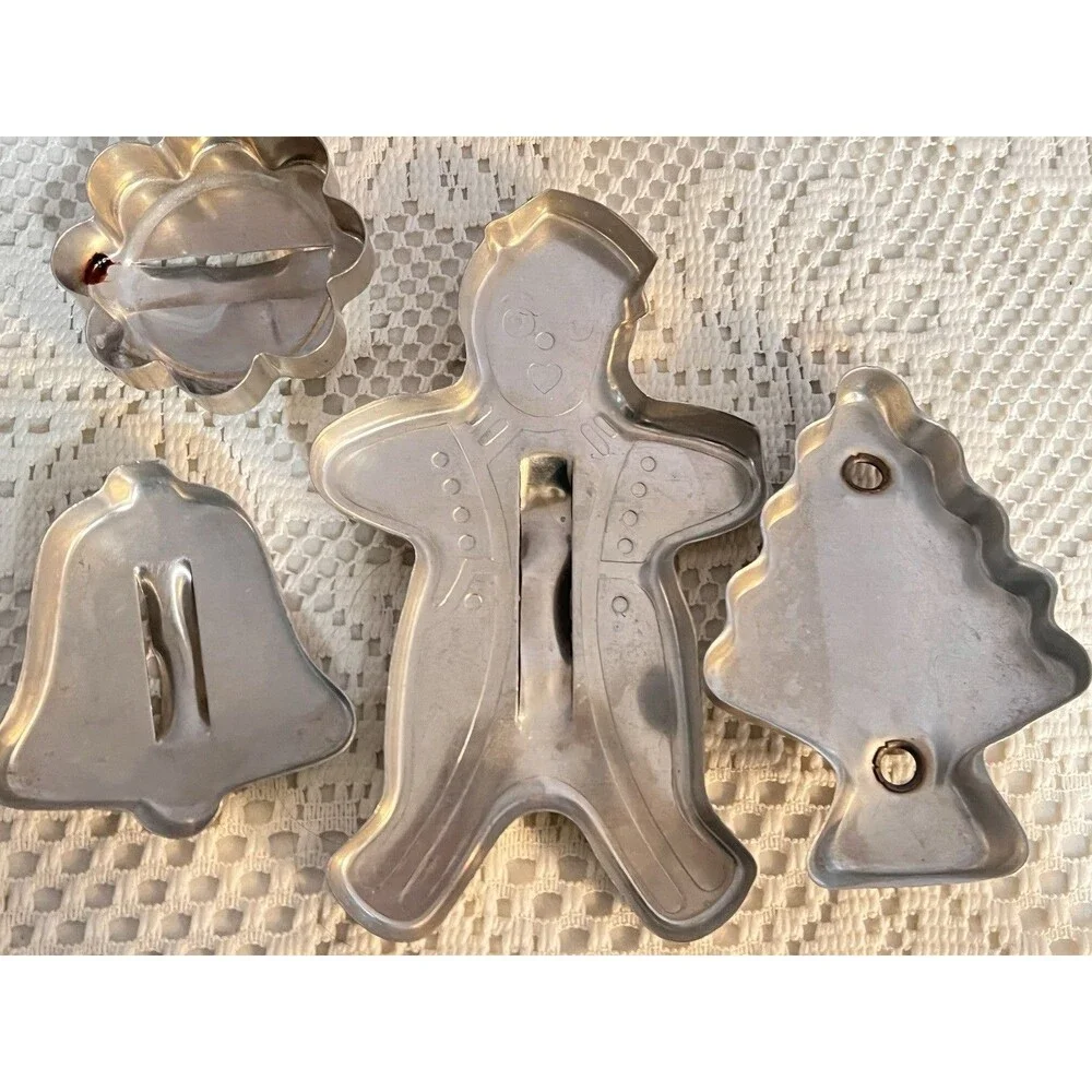Vintage Aluminum Cookie Cutter Set 4 Gingerbread Tree Bell Flower Baking Mold